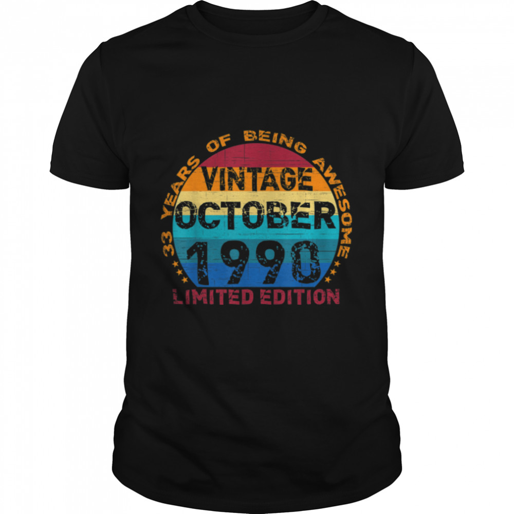 33 Years Old Vintage October 1990 Distressed 33rd Birthday T-Shirt B0B7F6V8BF