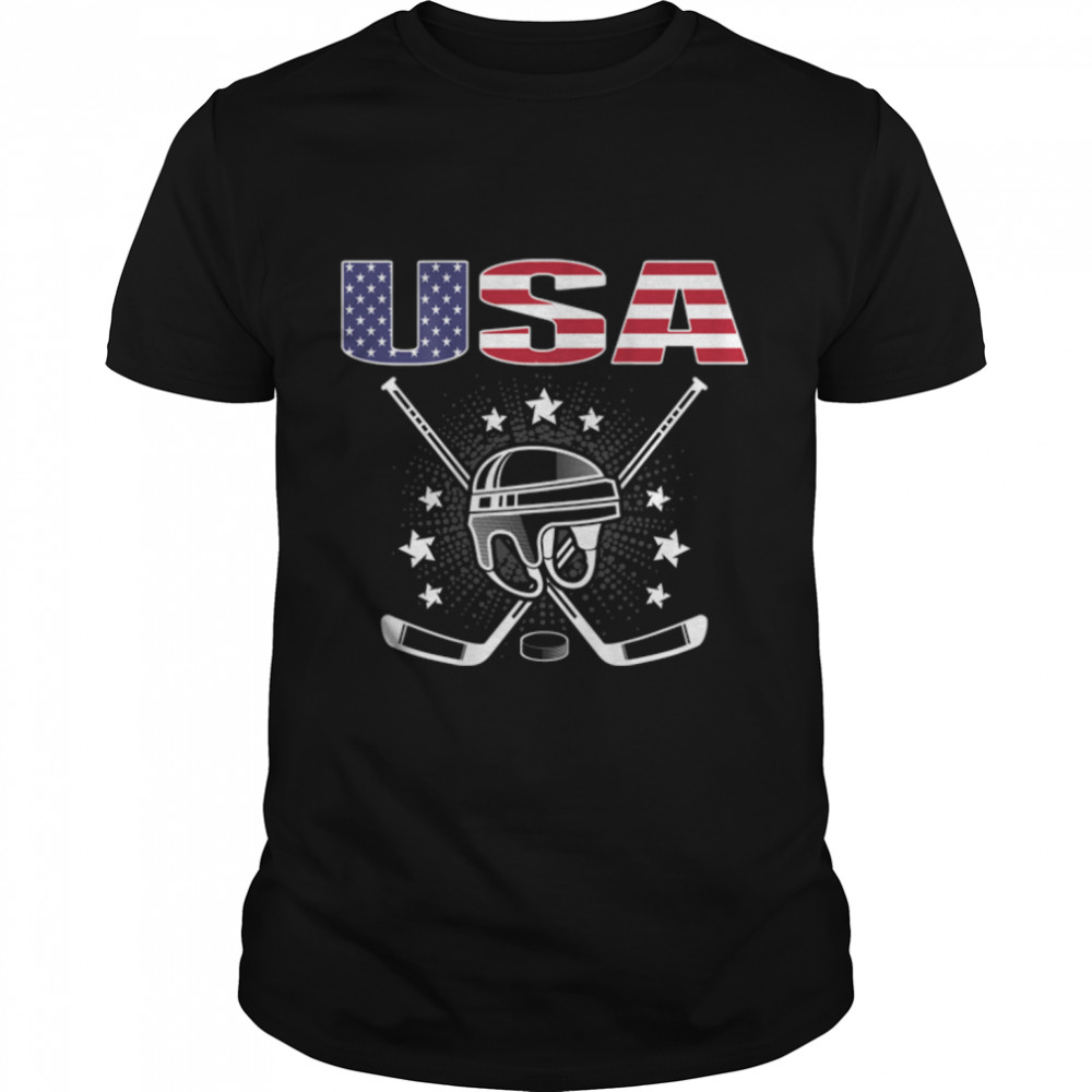 America Ice Hockey Fans Jersey USA Flag Puck Hockey Sticks T-Shirt B0B7DXYCV5