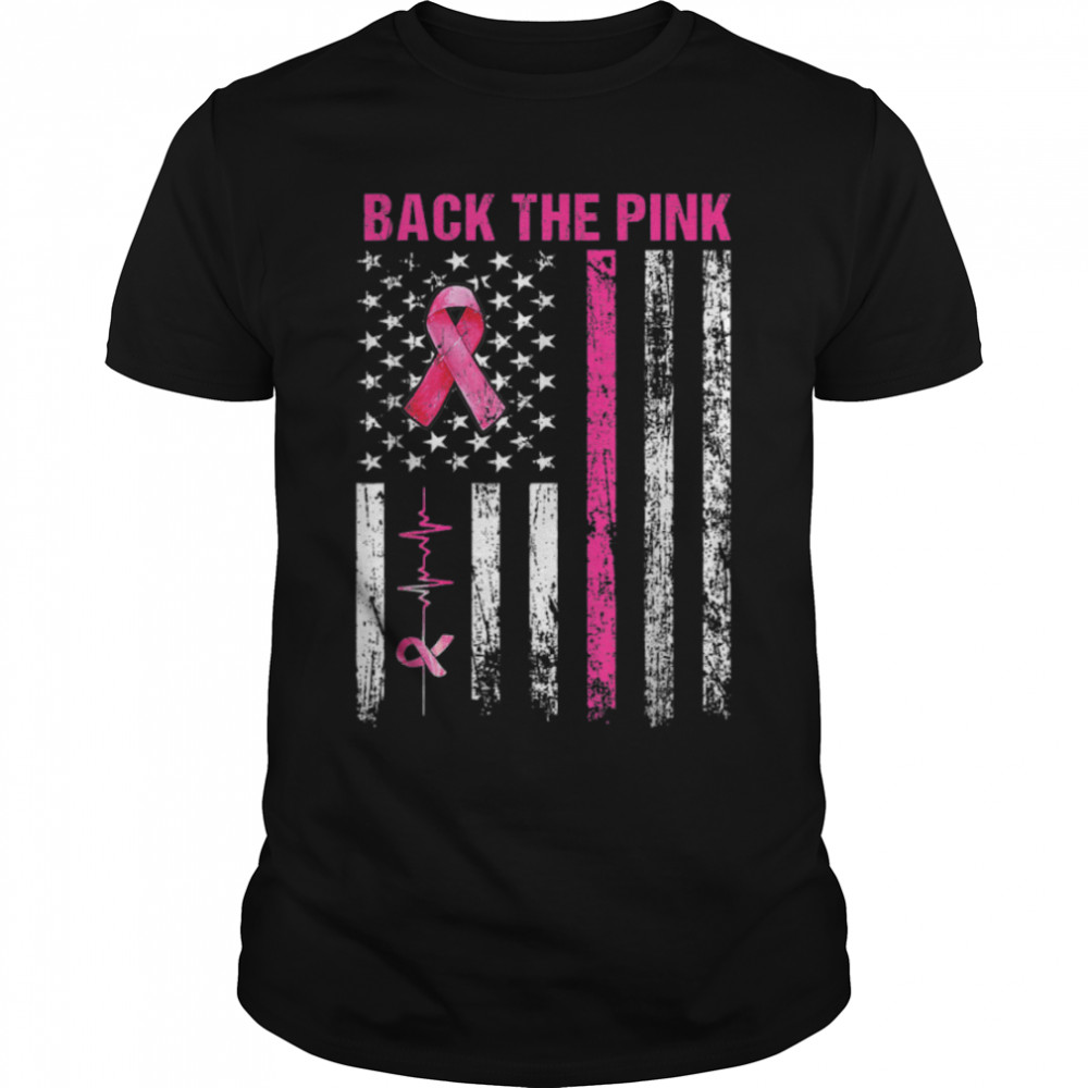 Back The Pink Ribbon American Flag Breast Cancer Awareness T- B0B7DWZF9W Classic Men's T-shirt