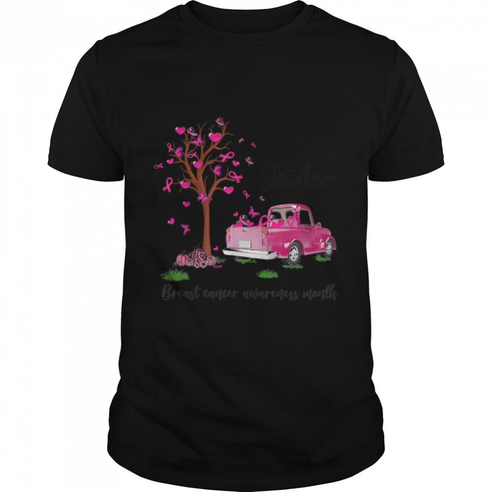 Pumpkin Pink Truck October Breast Cancer Awareness Month T-Shirt B0B7DY79MH