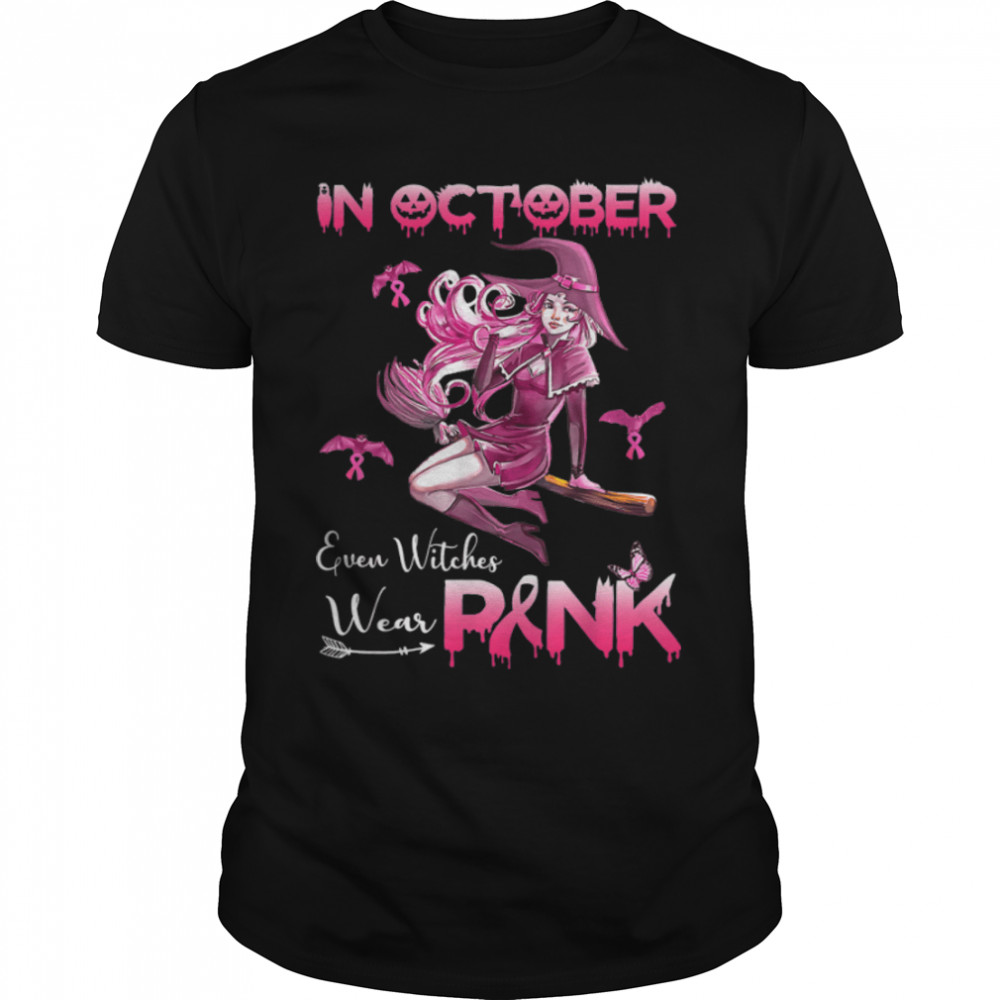 Witches In October We Wear Pink Autumn Fall Breast Cancer T-Shirt B0B7JN5JD6