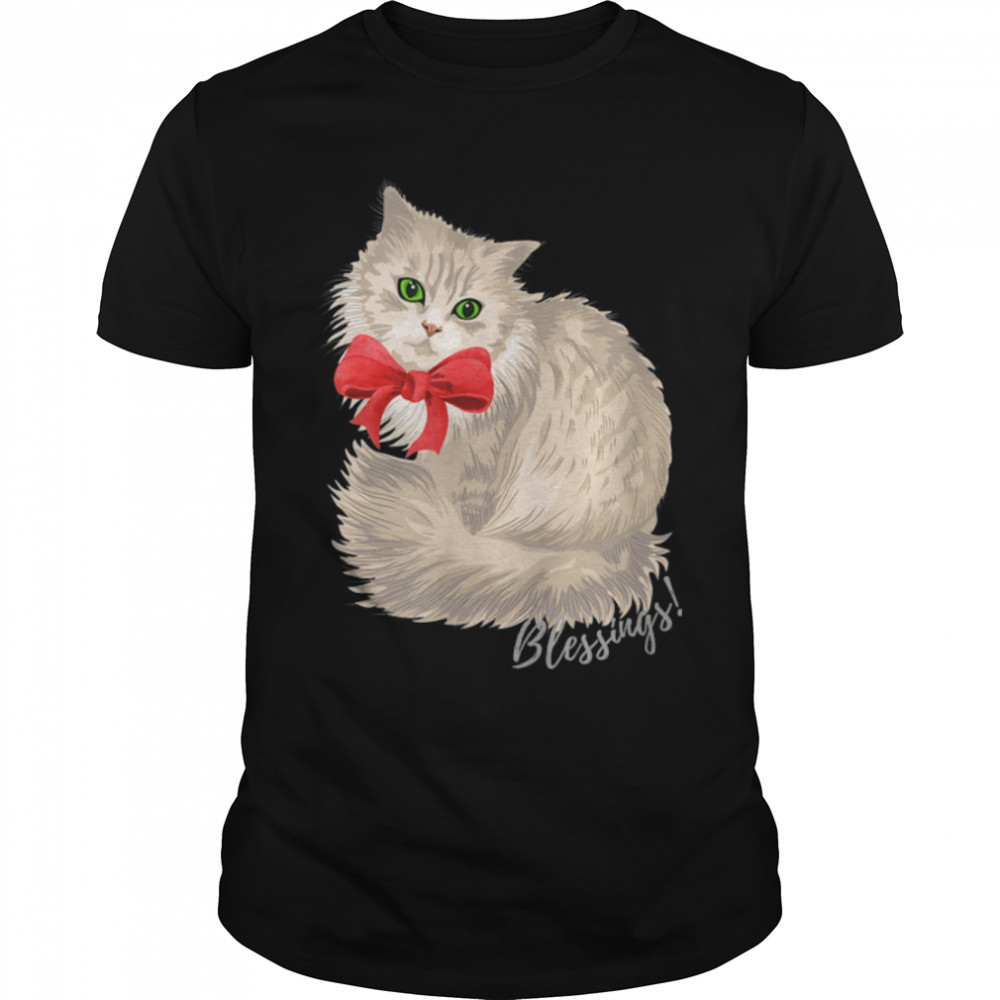 White Cat with Red Bow, Christmas Cat Blessings design T-Shirt B0B82T3MF4