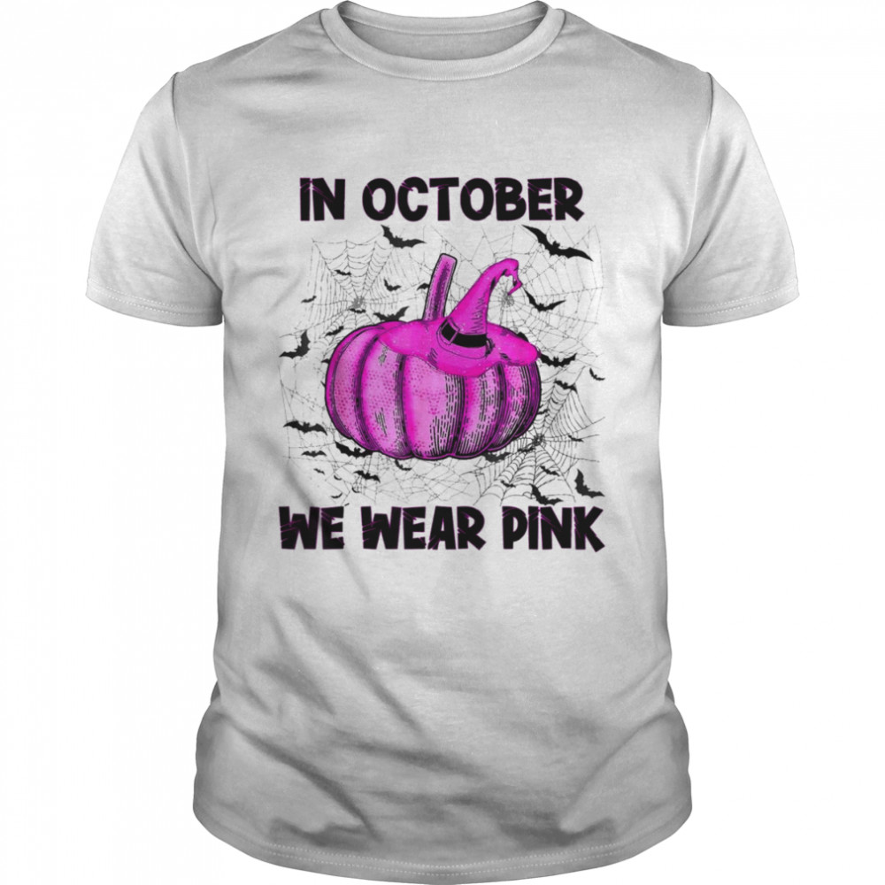in October We Wear Pink Pumpkin Buffalo Plaid Halloween T-Shirt