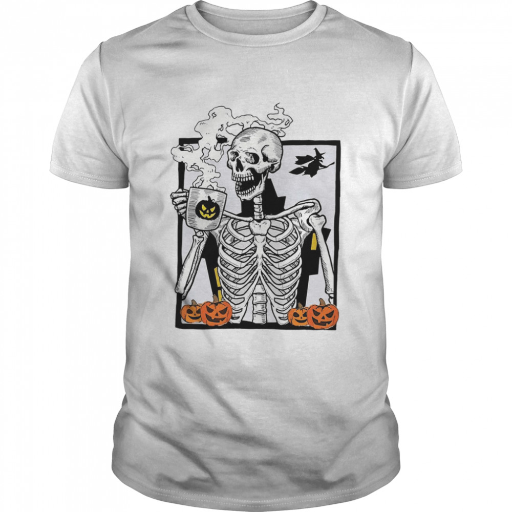 Skeleton Drinking Hot Coffee Pumpkin Halloween shirt