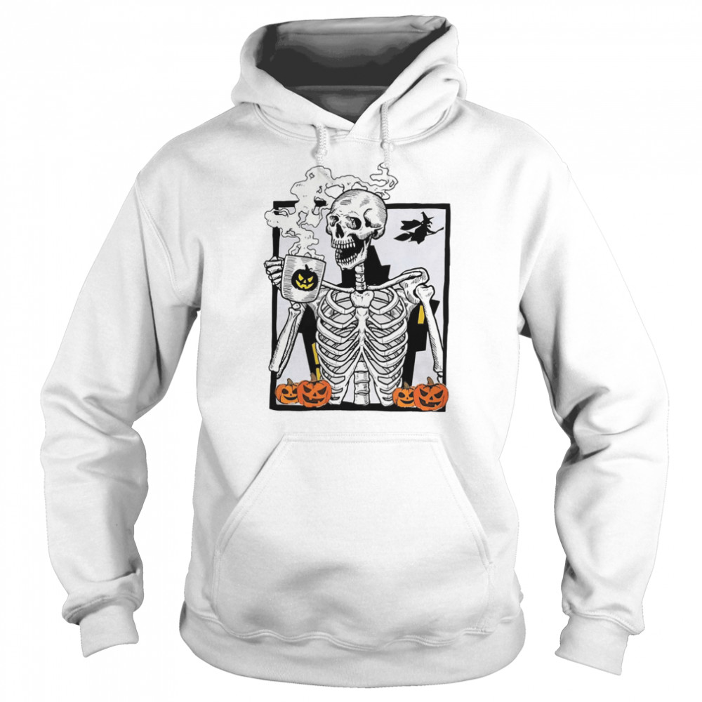 Skeleton Drinking Hot Coffee Pumpkin Halloween shirt Unisex Hoodie
