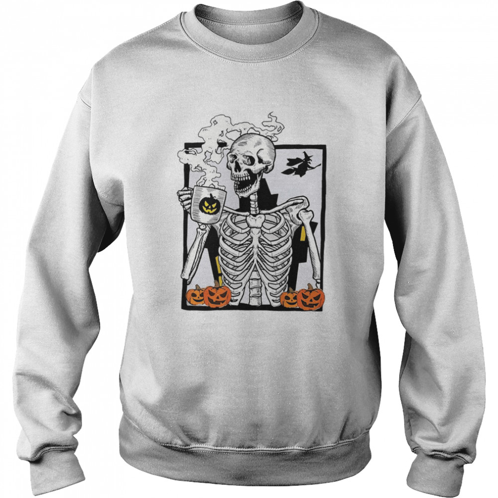 Skeleton Drinking Hot Coffee Pumpkin Halloween shirt Unisex Sweatshirt