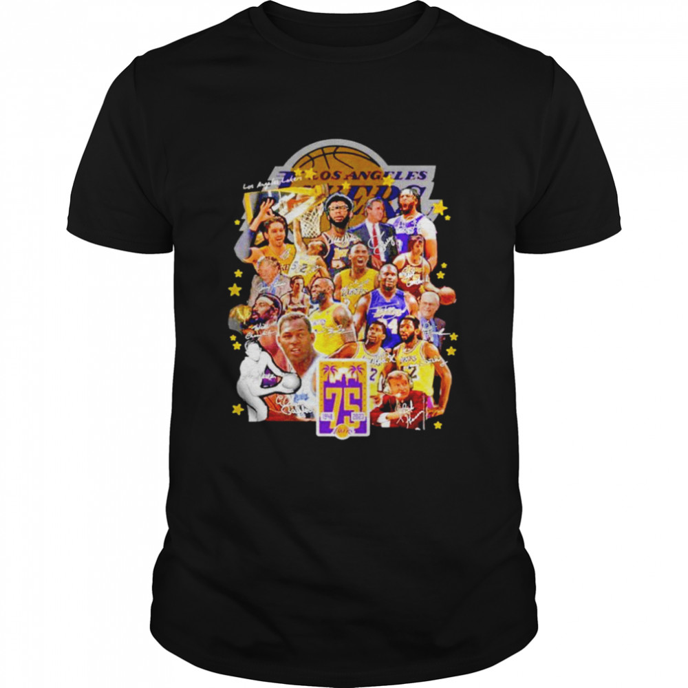 Los Angekes Lakers anniversary 75 years of 1948-2023 Legends players signatures shirt
