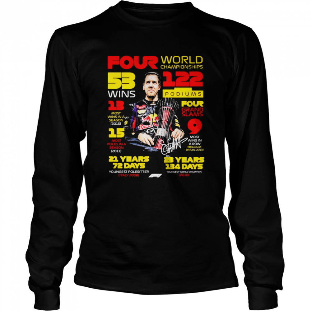 Sebastian Vettel Four world Championship Youngest Pole Sitter Youngest World Champions signature shirt Long Sleeved T-shirt
