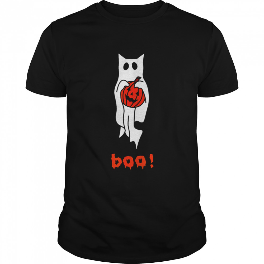 Ghost Cat Boo Halloween With Pumpkin Cute Halloween T-Shirt