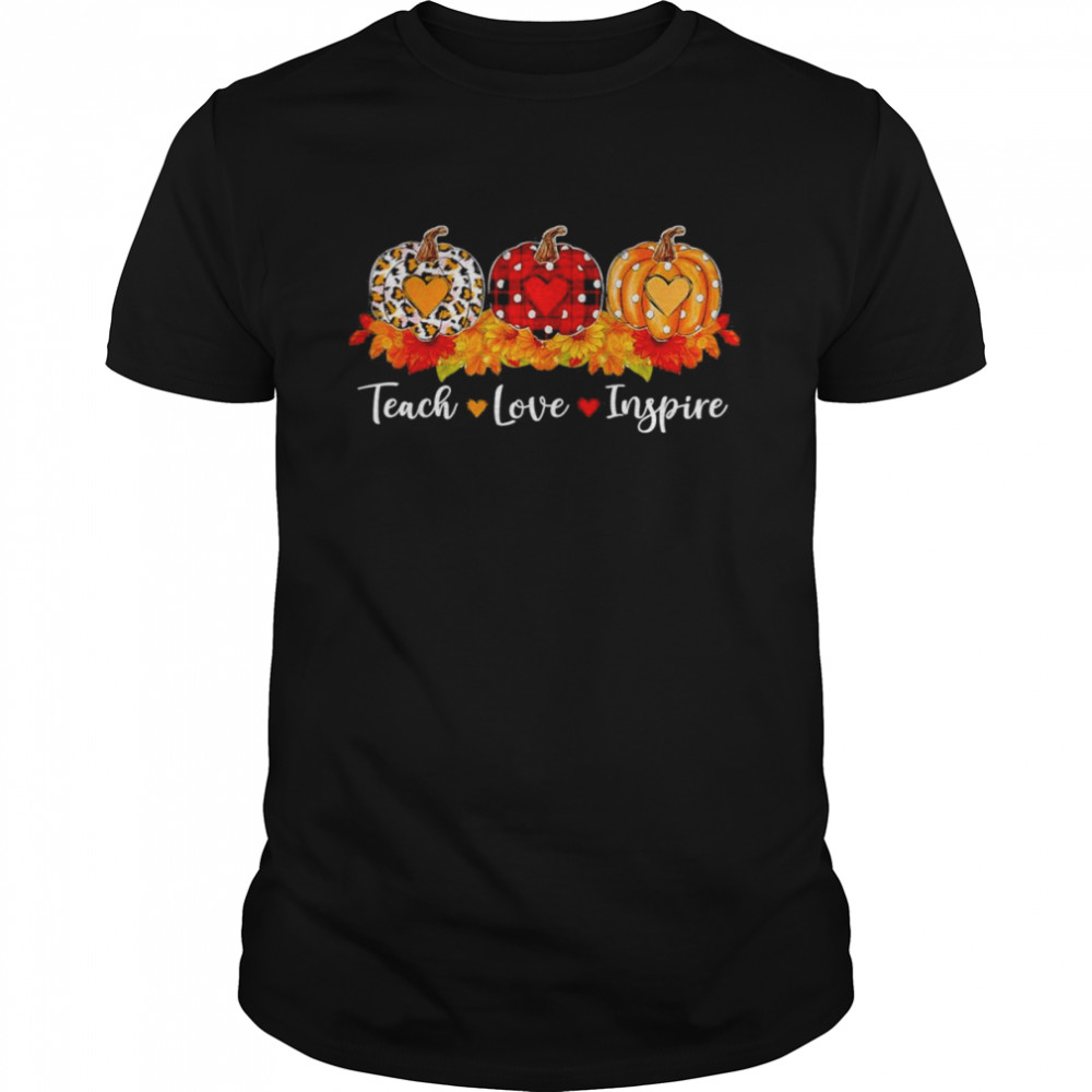 Teach Love Inspire Teacher Autumn Fall Leopard Plaid Pumpkin T-Shirt