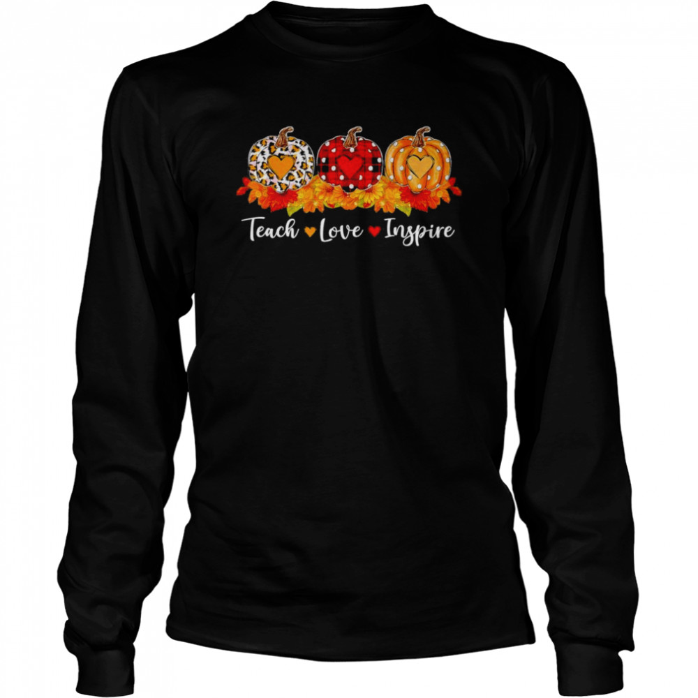 Teach Love Inspire Teacher Autumn Fall Leopard Plaid Pumpkin T- Long Sleeved T-shirt