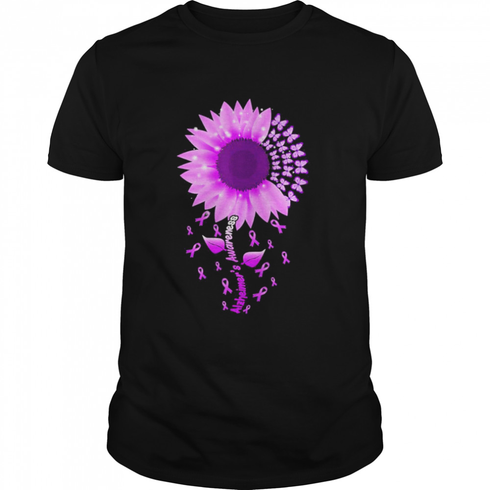 Alzheimer’s Awareness Purple Sunflower Ribbon Butterflies Shirt
