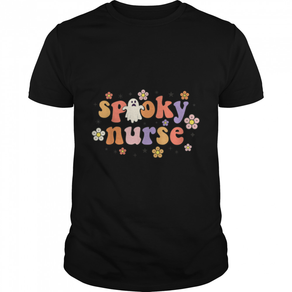 Groovy Spooky Nurse Halloween Retro Ghost Floral costume T-Shirt B0B9SWFJJR