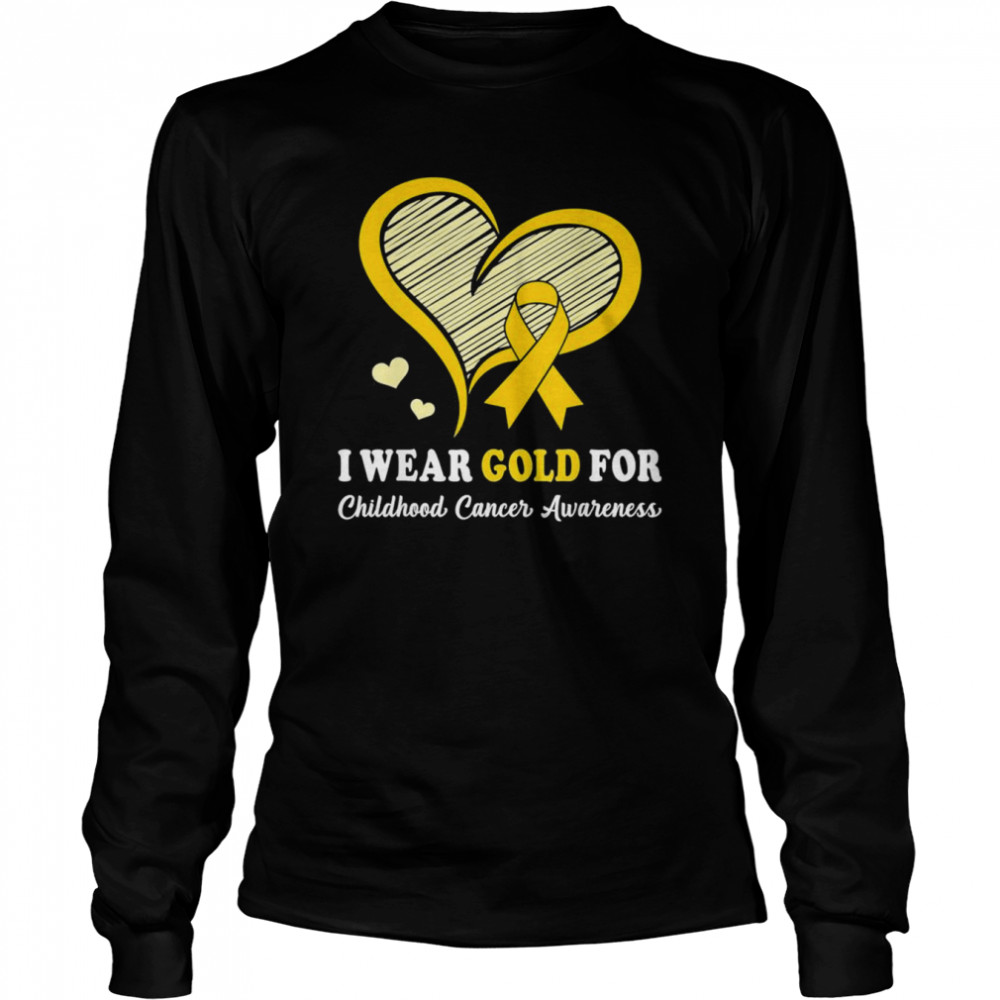 I Wear Gold For Childhood Cancer Hope and Support Cute Heart T- Long Sleeved T-shirt