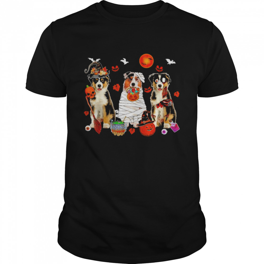 Three Australian Shepherd Dogs Witch Scary Mummy Halloween  Classic Men's T-shirt