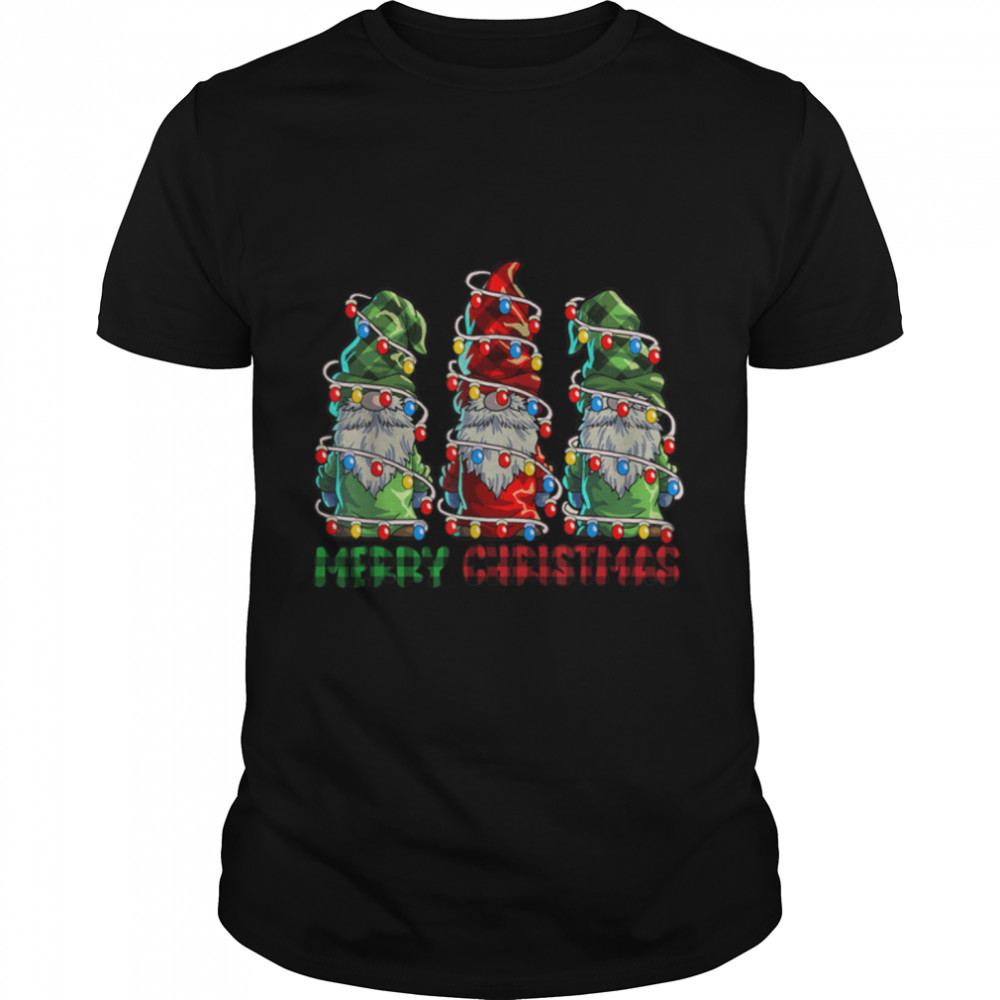 Three Gnomes Merry Christmas Buffalo Plaid Red Christmas T-Shirt B0BD1P3N8S