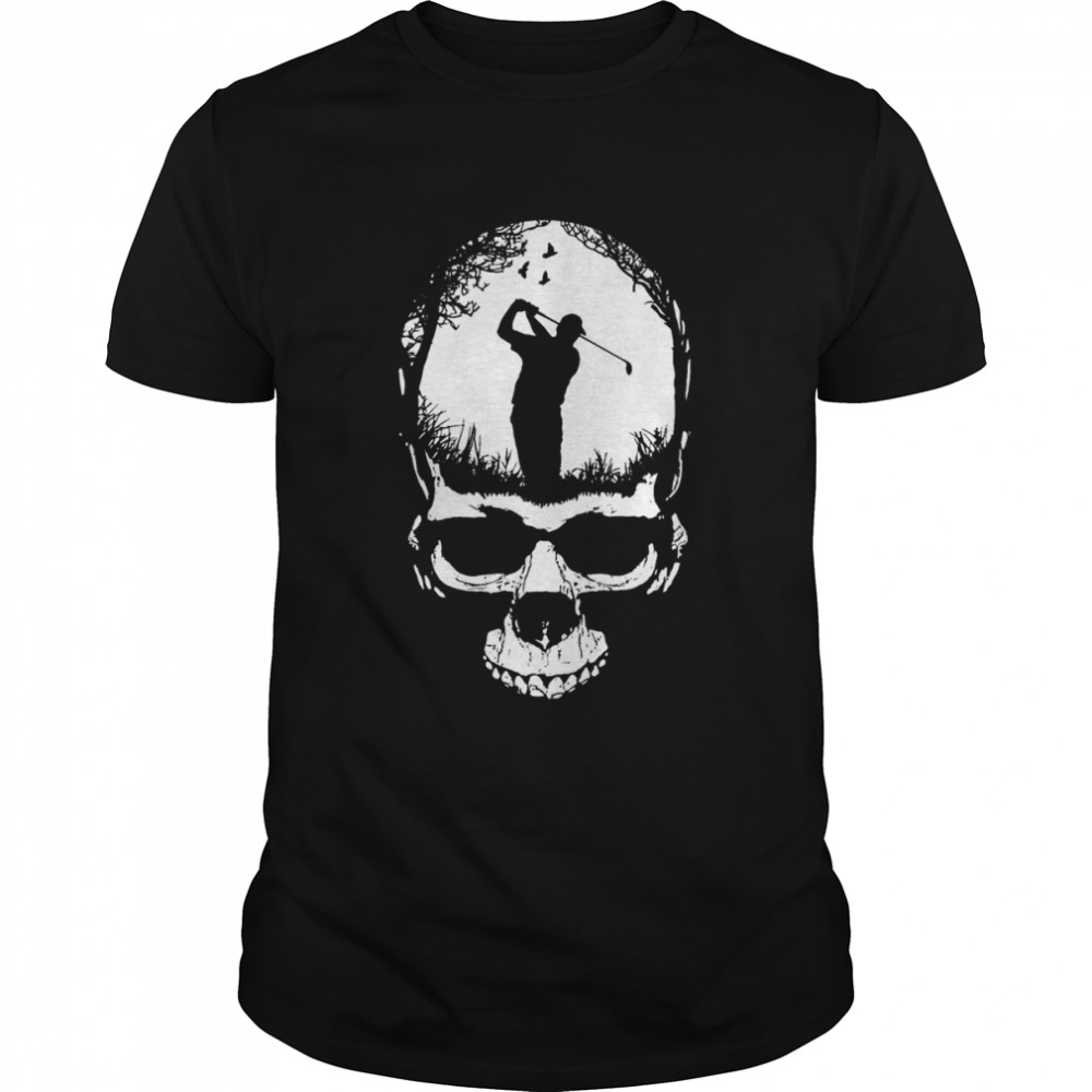 Halloween Golf Gothic Golfer Skeleton Skull Blue Sunset Shirts