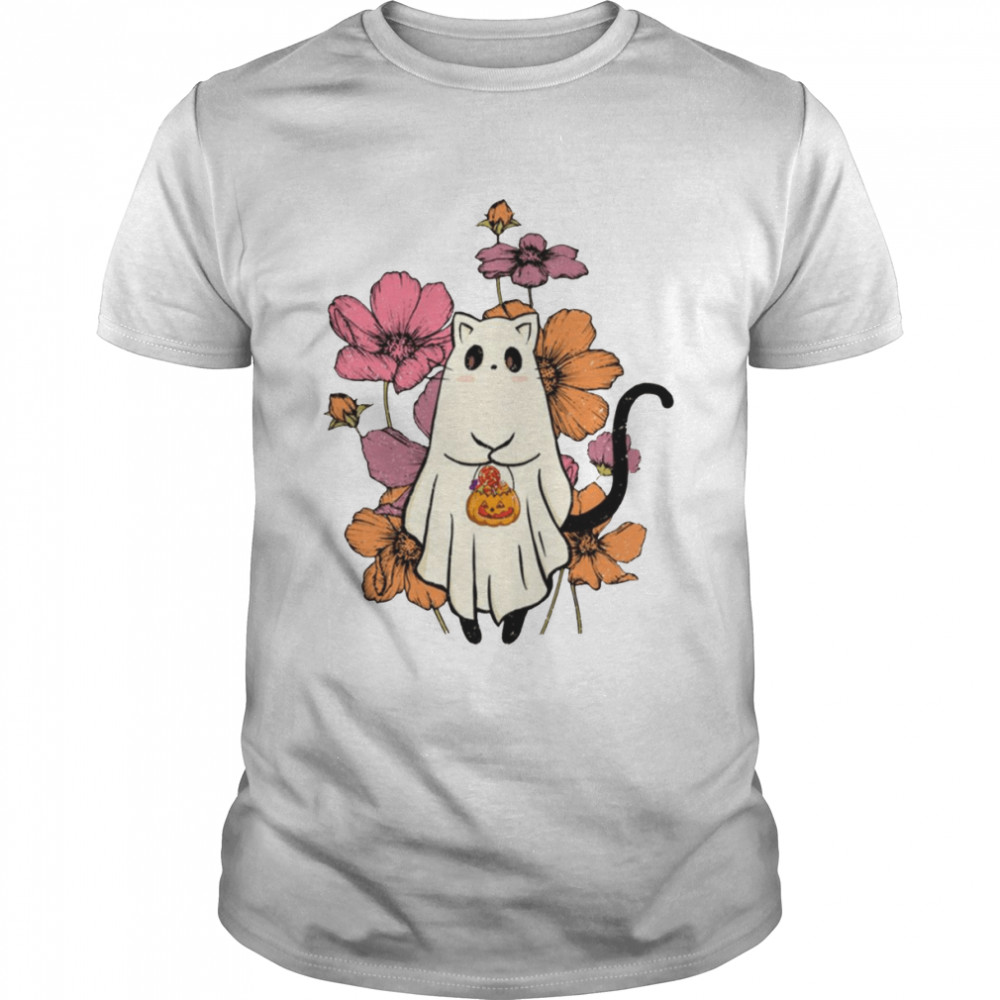 Halloween Trick Or Treat Ghost Cat With Flowers shirt