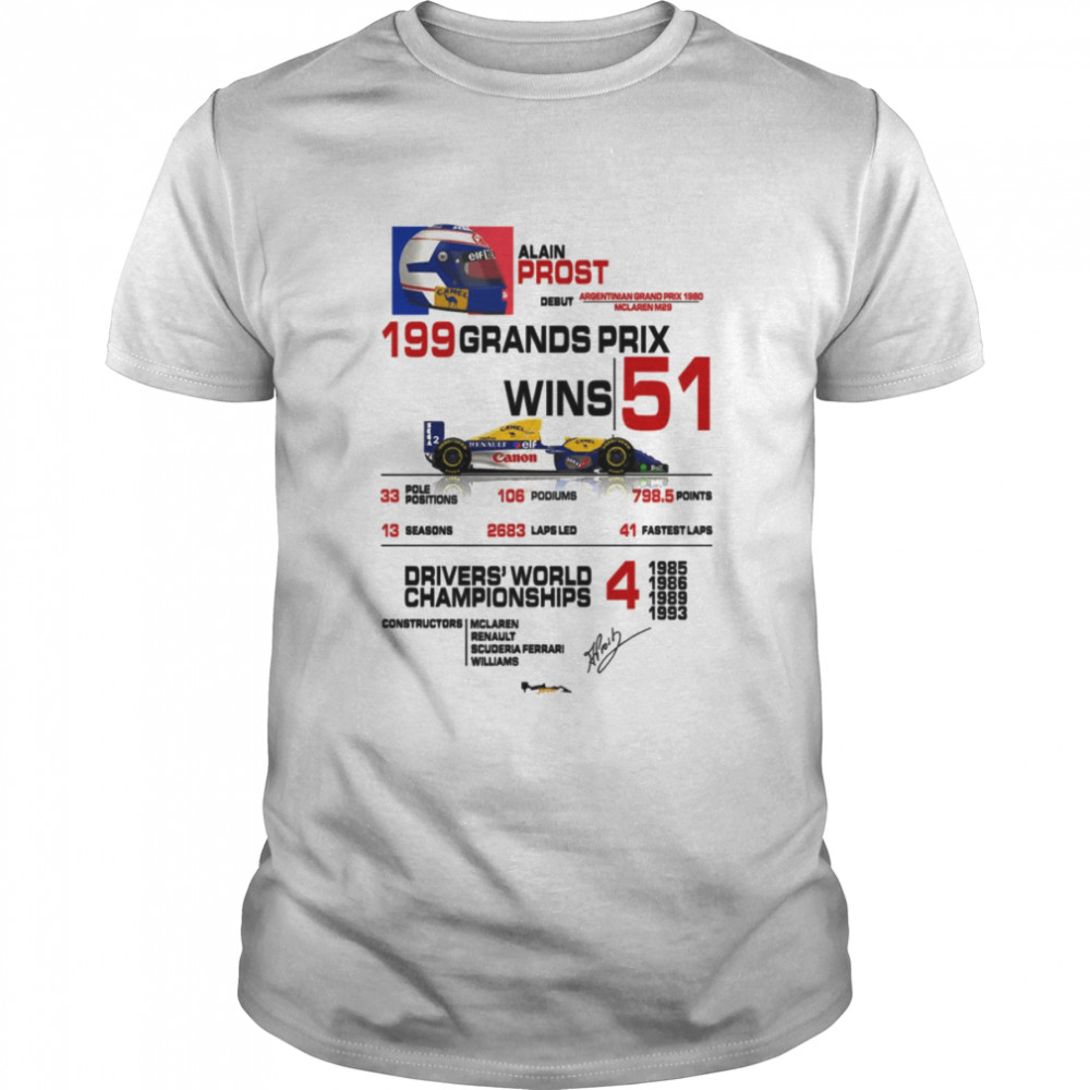 Stats With Car & Helmet Design Alain Prost Formula 1 Car Racing F1 shirt