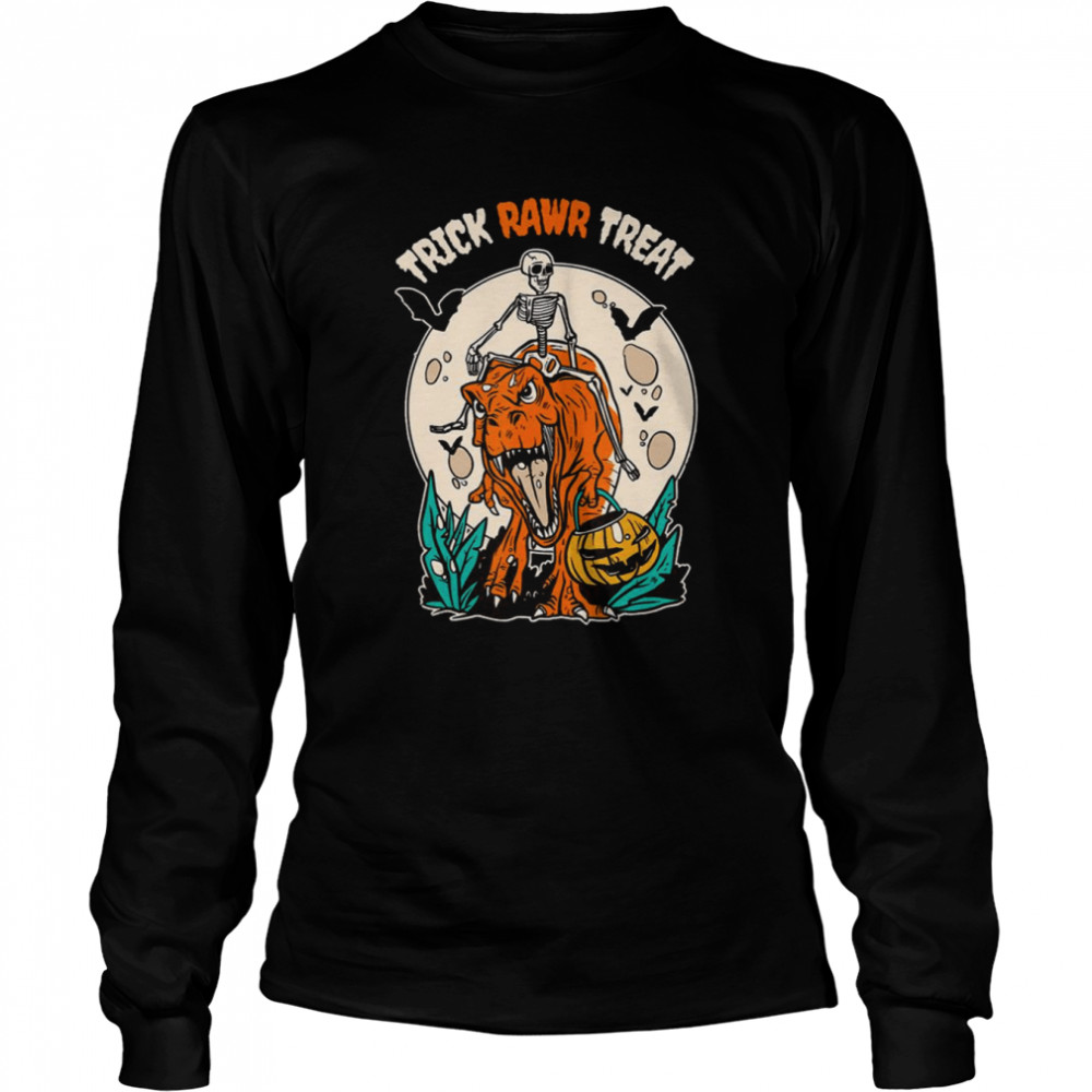 T Rex Dinosaur And Skeleton Trick Rawr Treat Halloween shirt Long Sleeved T-shirt