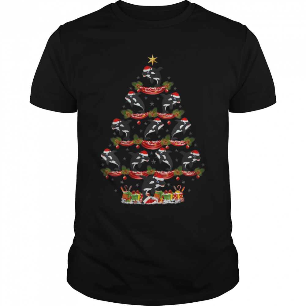 Womens Orca Fish Lover Xmas Holiday Santa Orca Christmas Tree V-Neck T-Shirt B0BFDJDTJ5