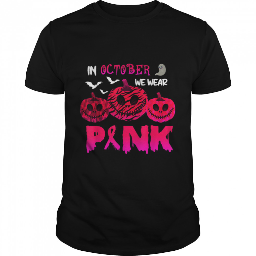 Womens Pumpkin Breast Cancer In October We Wear Pink Ribbon T-Shirt B0BFD9PSHT