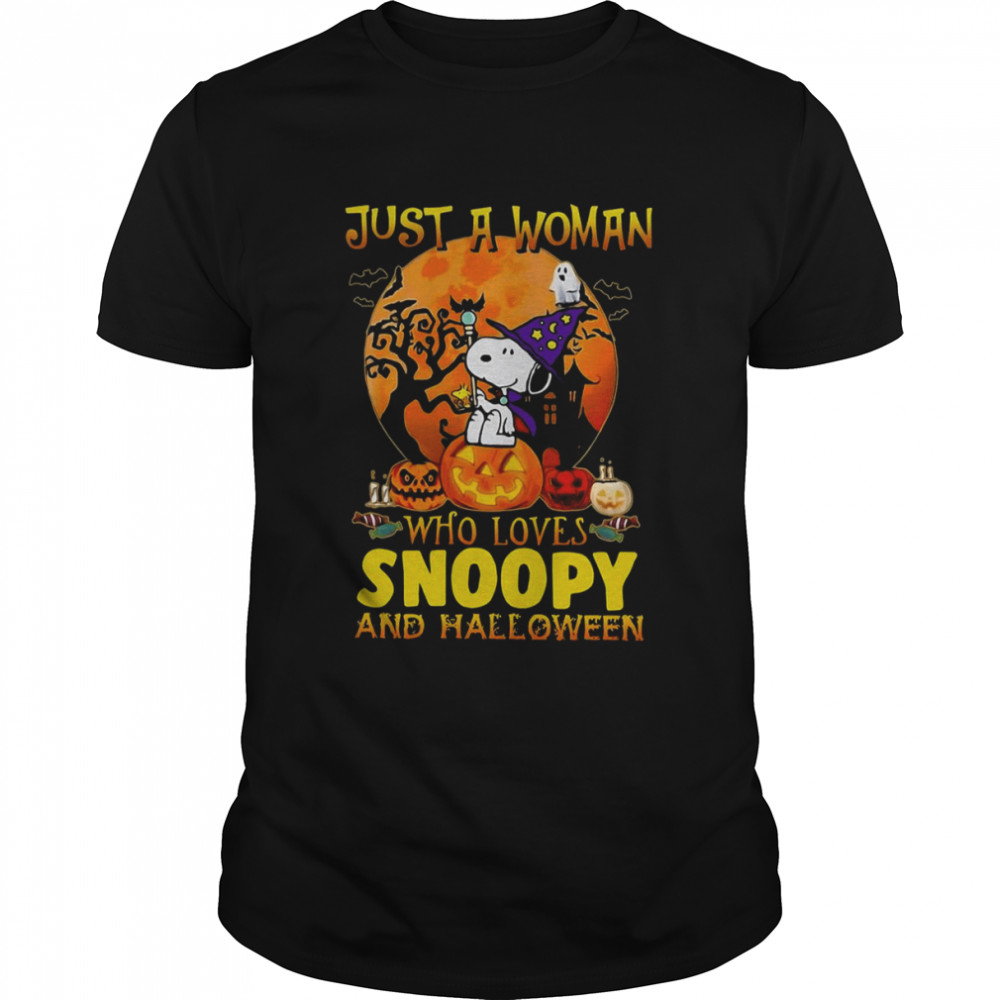Just A Woman Who Loves Snoopy And Halloween Shirt