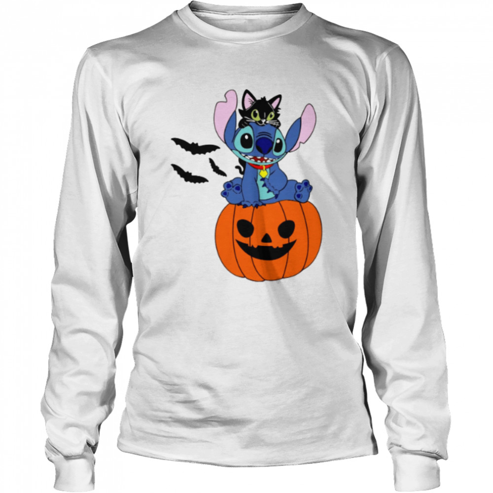 Stitch Balck Cat And Pumpkin Halloween shirt Long Sleeved T-shirt