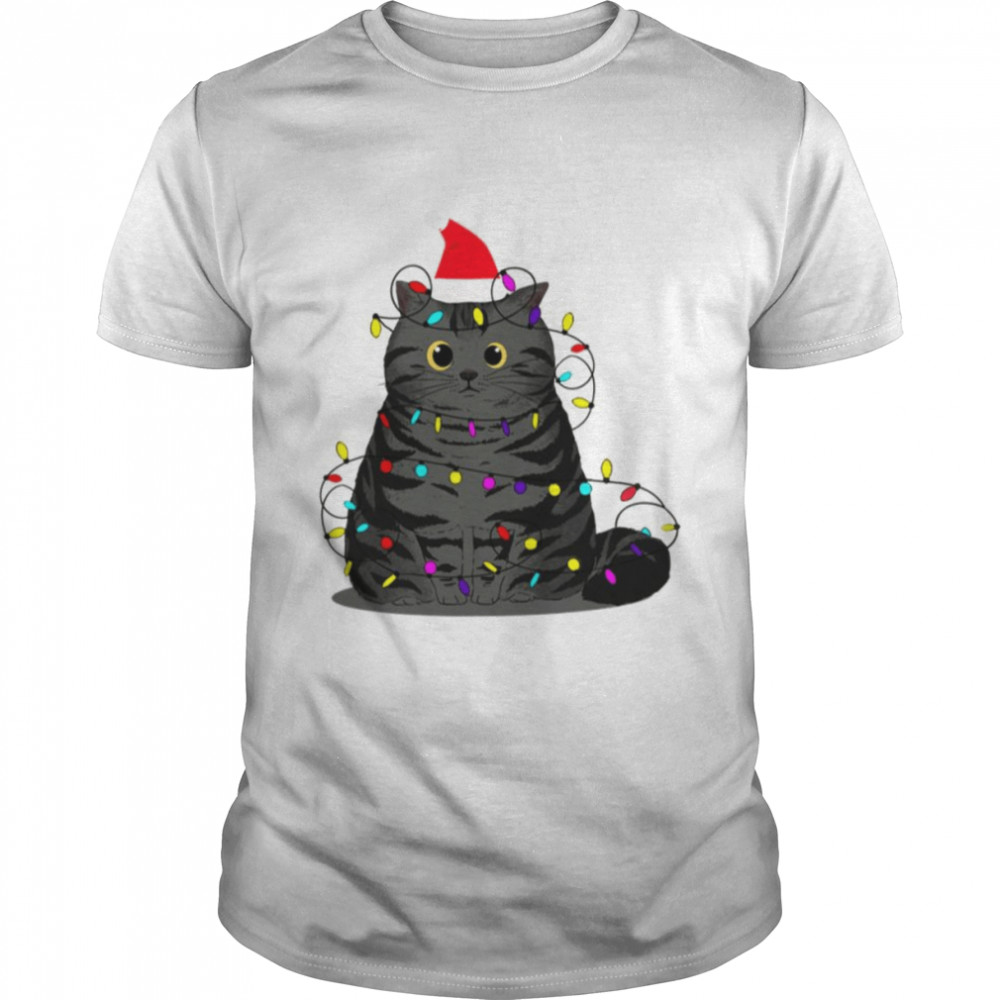 Funny Christmas Cat With Fairy Lights And A Christmas Hat shirt