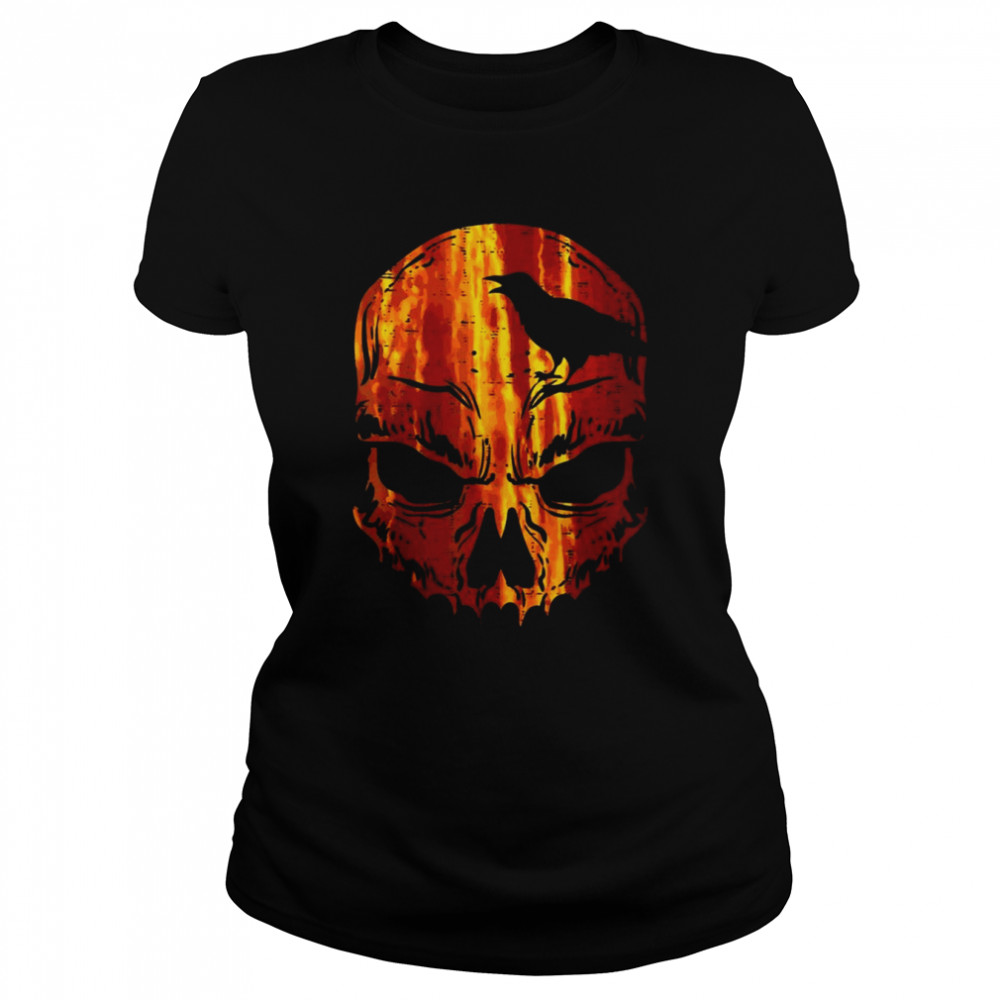 Orange Skull Crow Skeleton Horror Scary Halloween 2022  Classic Women's T-shirt