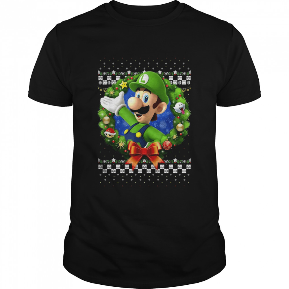 Super Mario 3D Luigi Christmas Wreath Graphic shirt