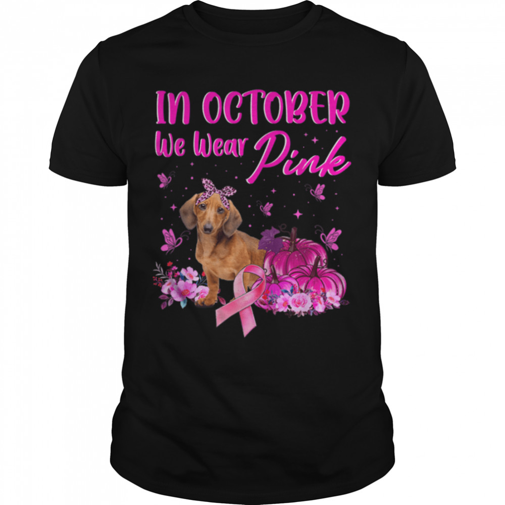 Cute We Wear Pink Dachshund Breast Cancer Pumpkin Halloween T-Shirt B0BH8QB4ZF