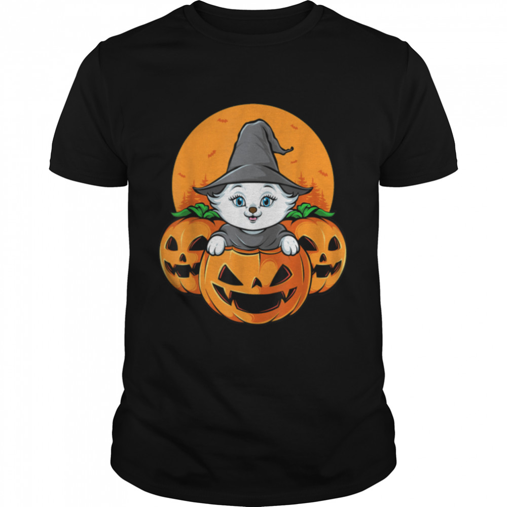 Cute Halloween Cat Witch Hat Pumpkin For Kids Girls T-Shirt B0BHJRHXZ5
