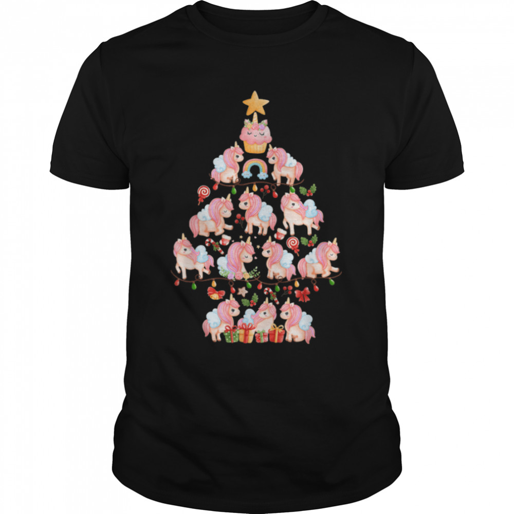 Cute Unicorn Christmas Tree Merry Christmas Girls T-Shirt B0BHJ65X5T