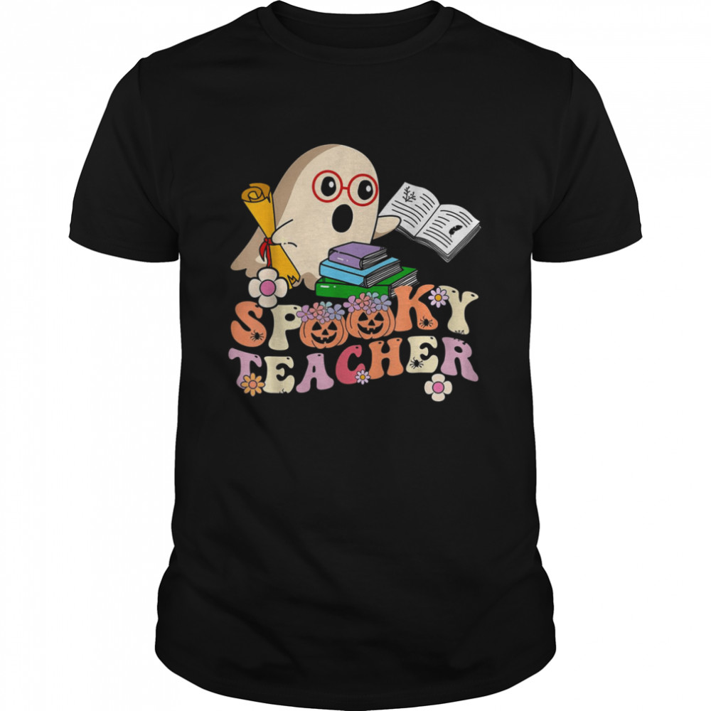 Spooky Teacher Groovy Retro Ghost Halloween Teacher T-Shirt