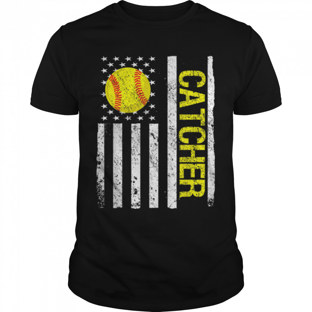 Funny Softball Catcher American USA Flag T-Shirt B0BHJM5GSX