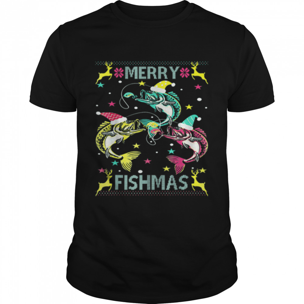 Merry Fishmas Funny Christmas Tree Lights Fish Fishing Rod T-Shirt B0BHJ9WKZL