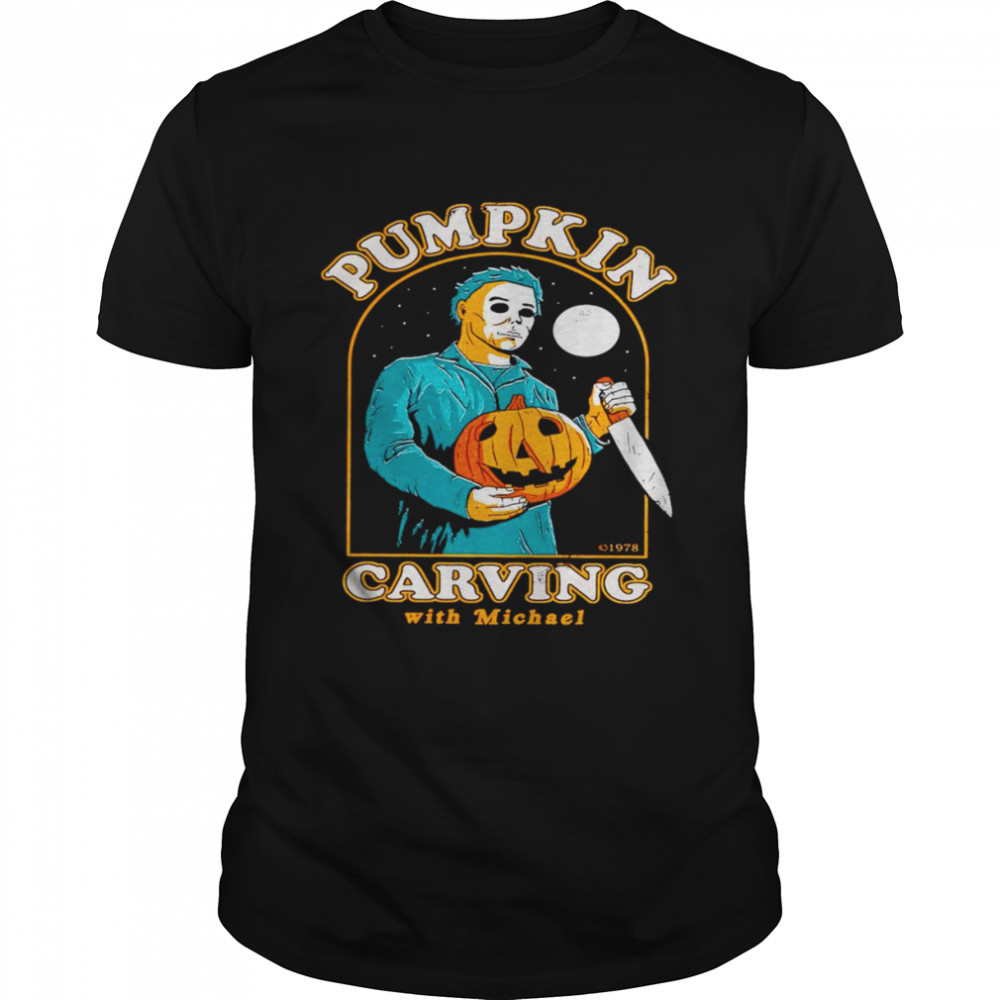 Halloween Pumpkin Carving with Michael Myers shirt