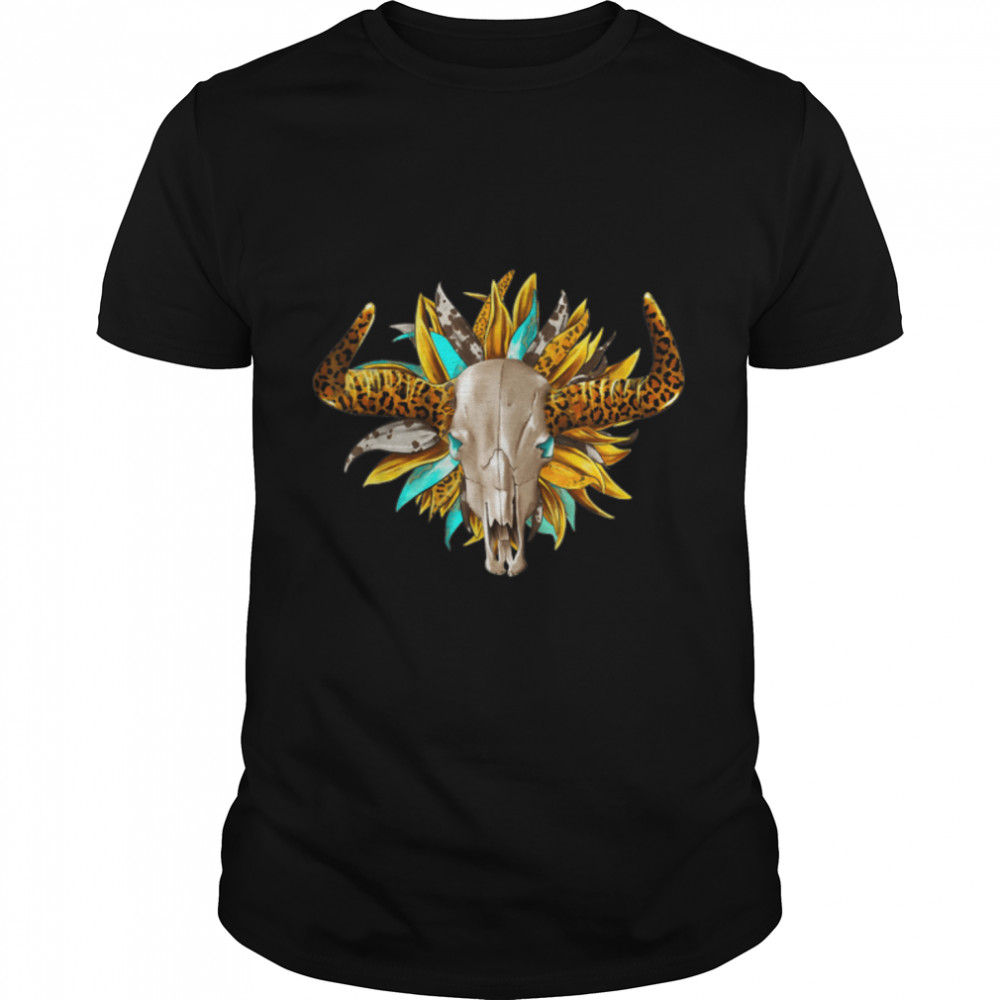 Western Sunflower Boho Bull Skull Cow Skull Leopard T-Shirt B0BJ6YWNNG