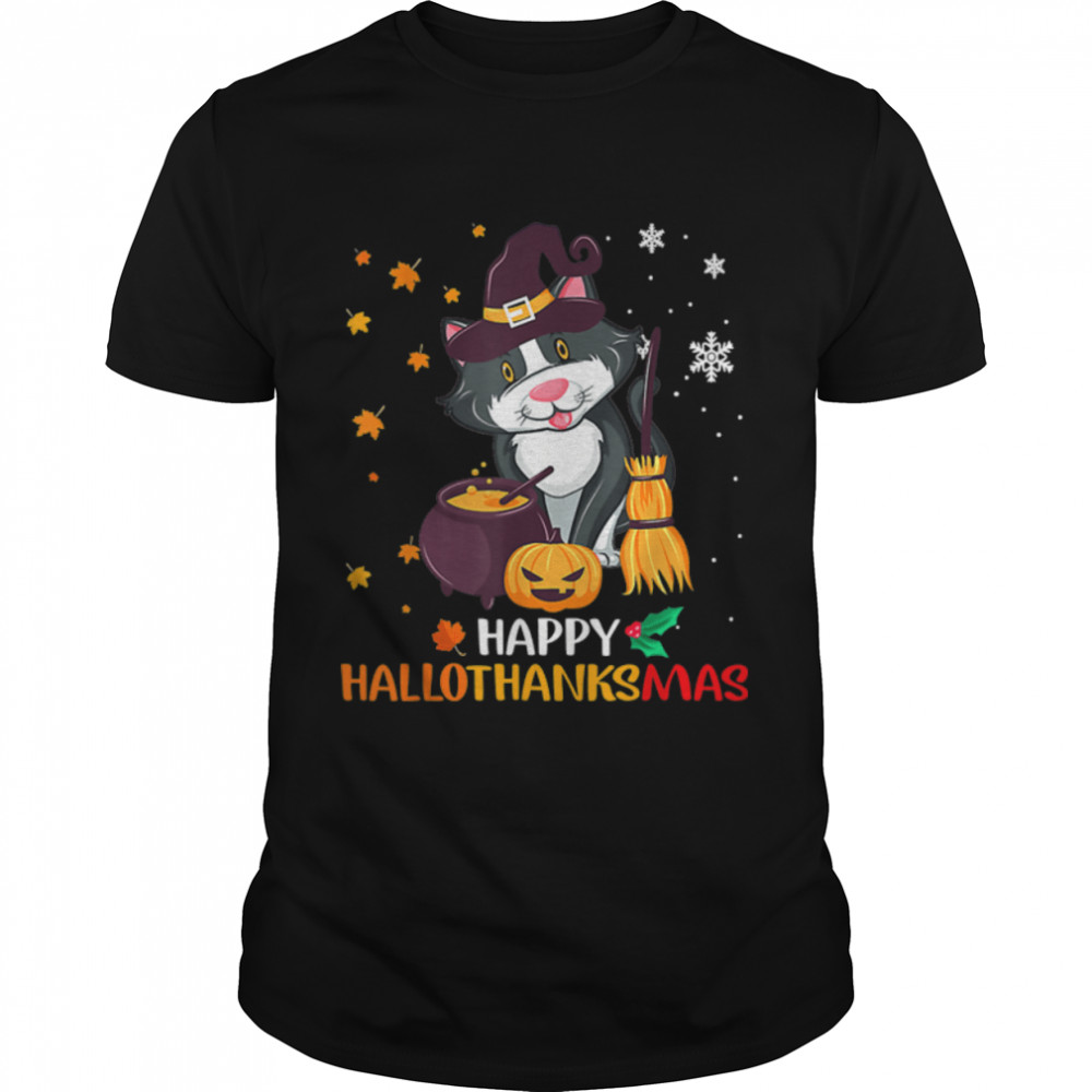 Cat Halloween Christmas Happy Hallothanksmas Thanksgiving T-Shirt B0BKL5WQ95