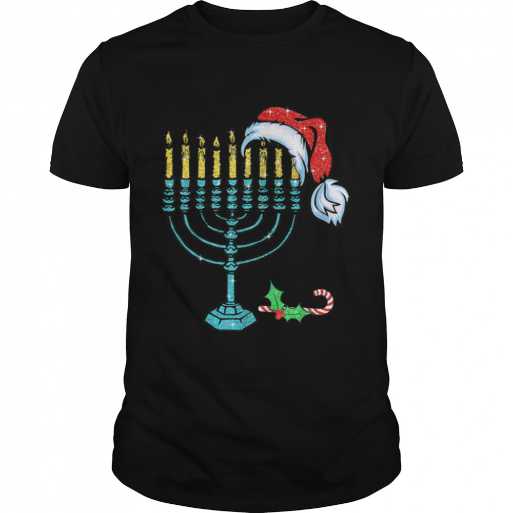 Menorah Santa Hat Chanukah Hanukkah Jewish Christmas T-Shirt B0BKLM2XR1