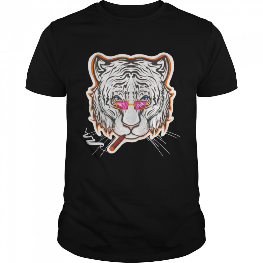 Smoking white tiger with sunglasses shirt