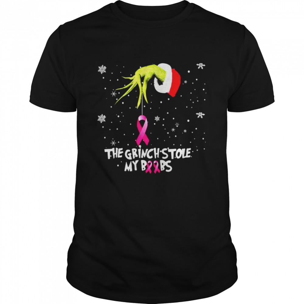 The Grinch Hand holding Breast Cancer the Grinch stole my boobs Merry Christmas shirt