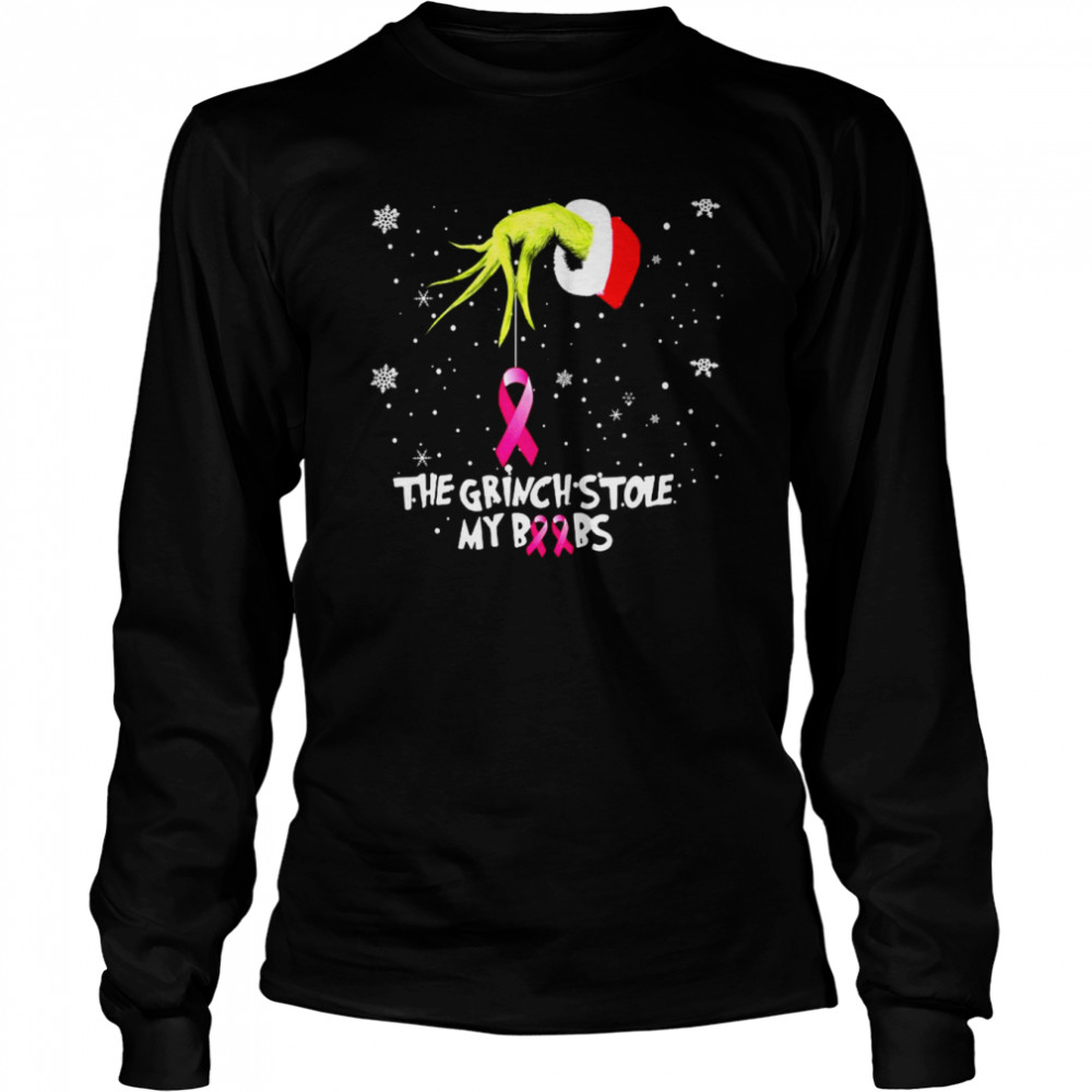 The Grinch Hand holding Breast Cancer the Grinch stole my boobs Merry Christmas shirt Long Sleeved T-shirt