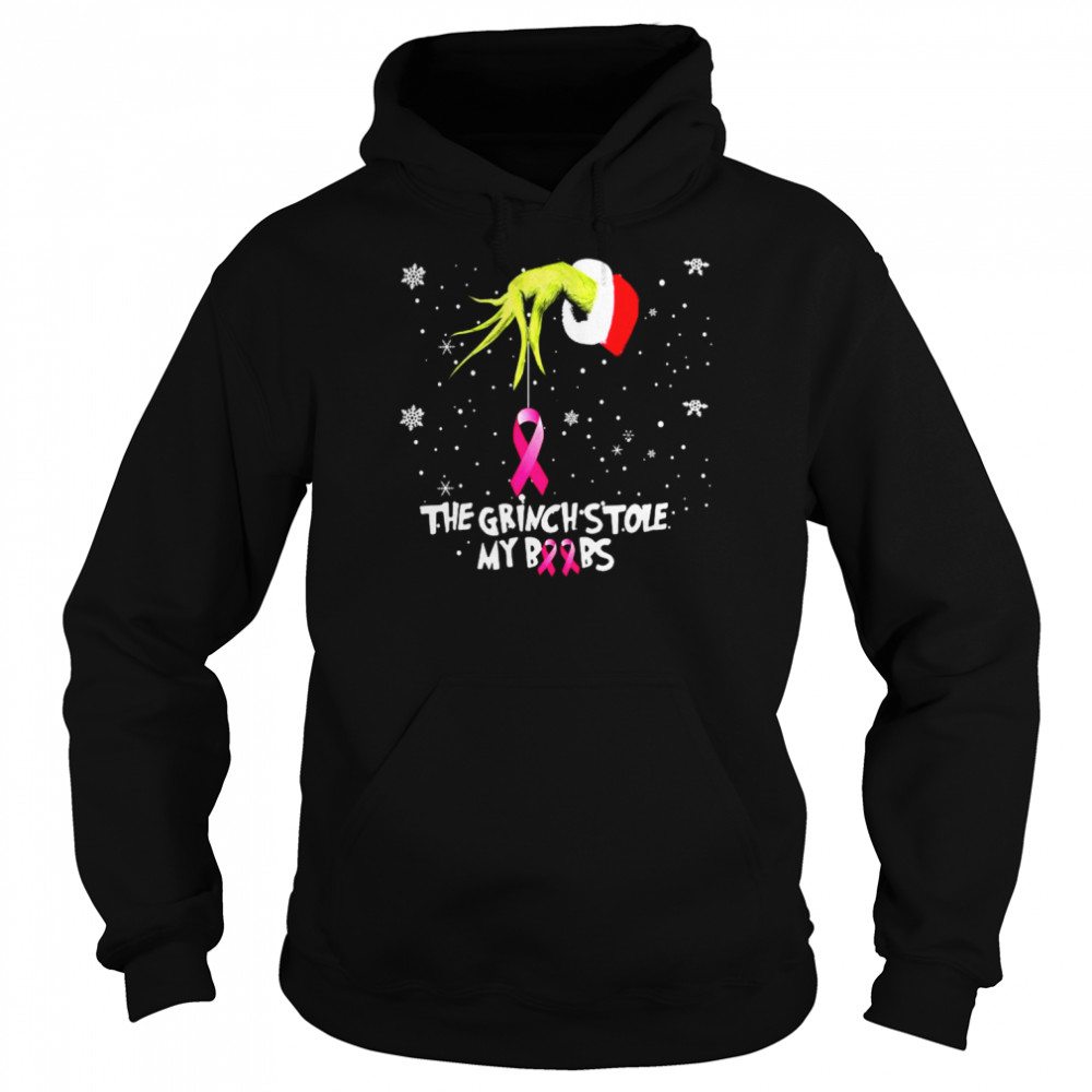 The Grinch Hand holding Breast Cancer the Grinch stole my boobs Merry Christmas shirt Unisex Hoodie