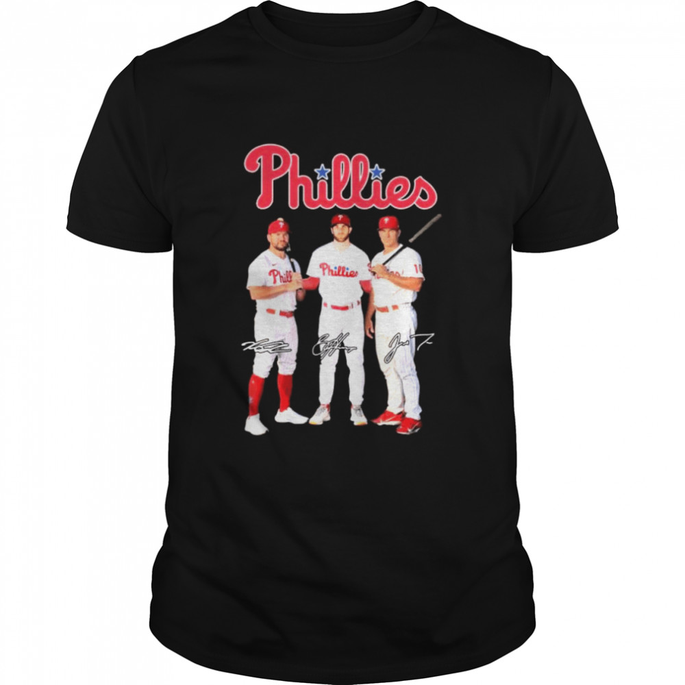 The Phillies J. T. Realmuto Bryce Harper and Kyle Schwarber signatures shirt