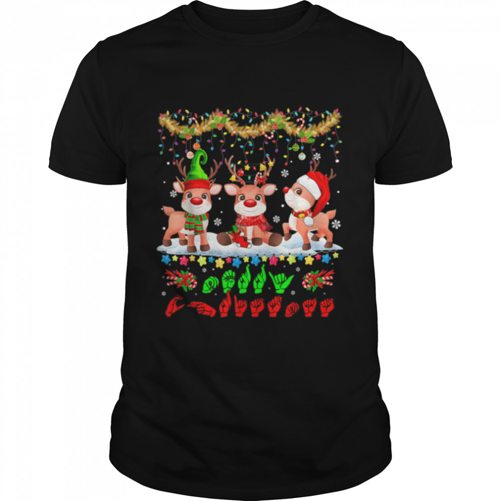 Merry Christmas Hands Sign Language Three Santa Reindeers T-Shirt B0BM4NHG51