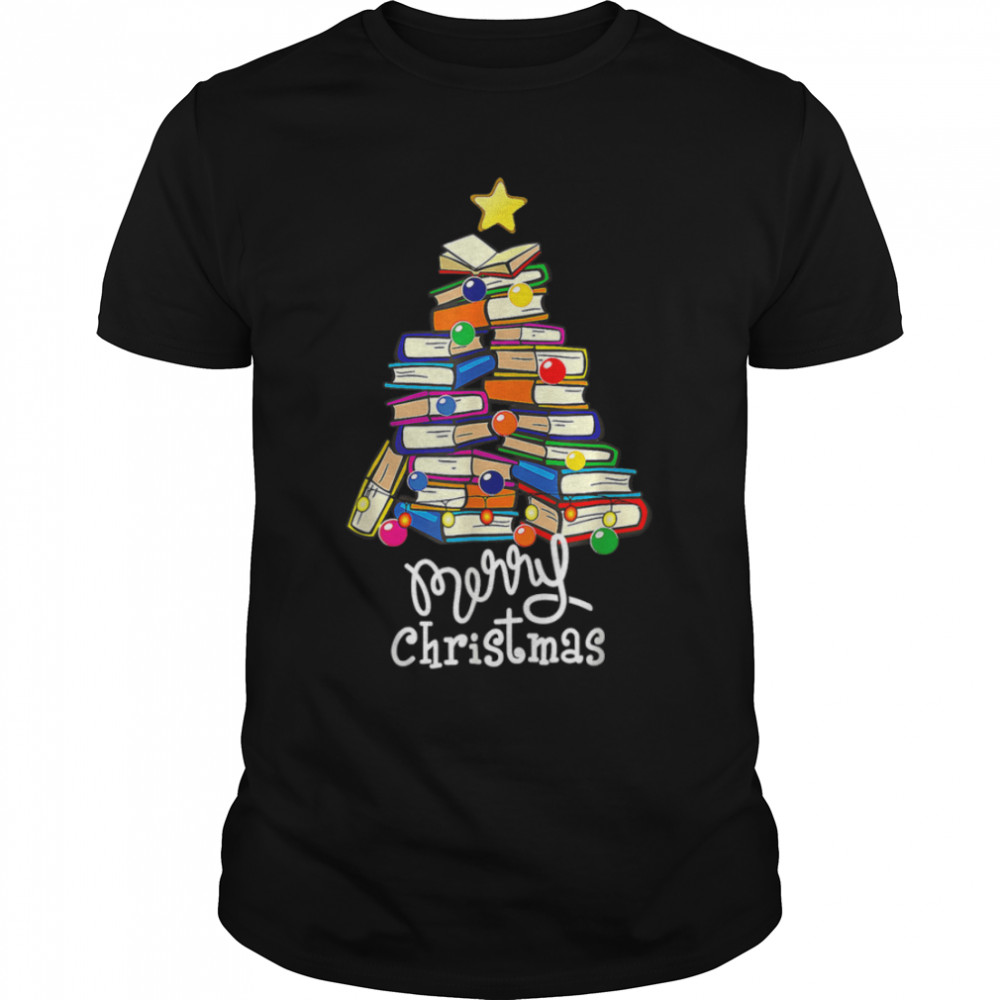 Merry Christmas Tree Shirt Love Reading Books Librarian Nerd T-Shirt B0BMB2ZFV4