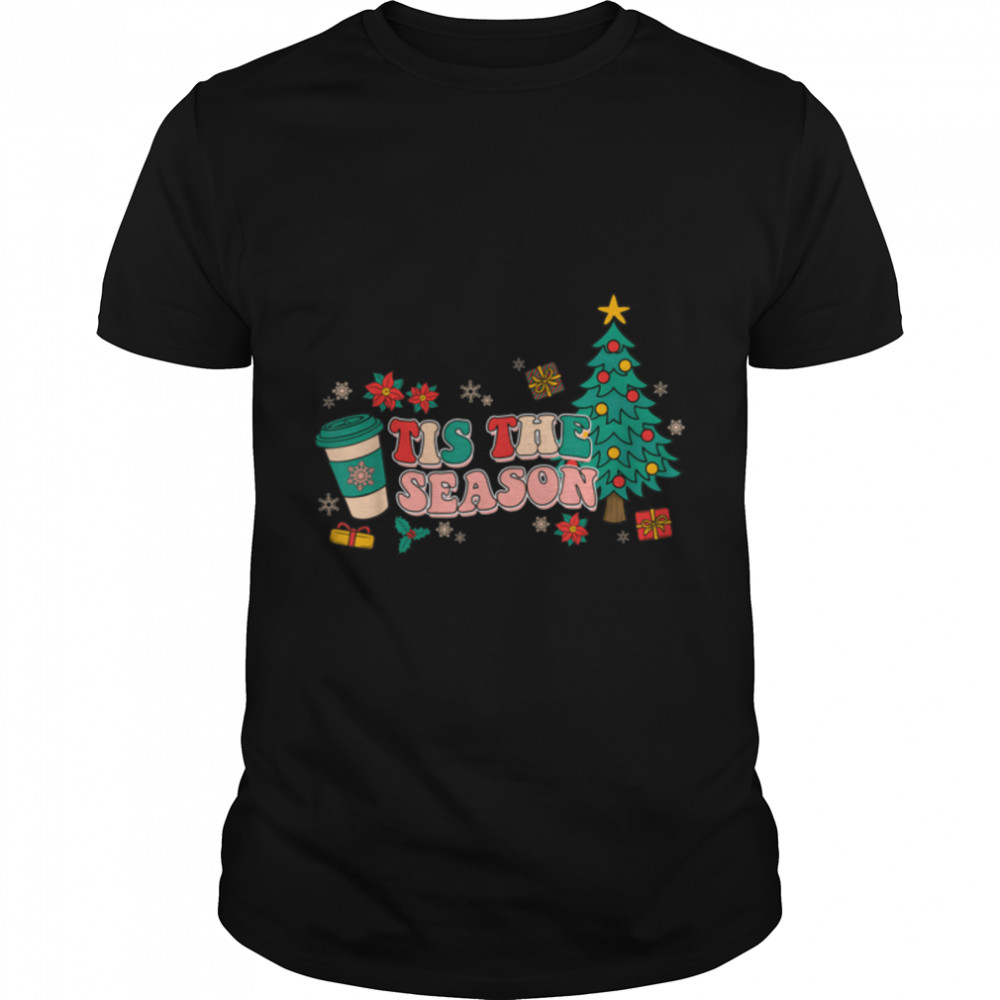 Tis The Season Groovy Christmas Hippie Hot Coffee Pine Tree T-Shirt B0BM9KV6XV