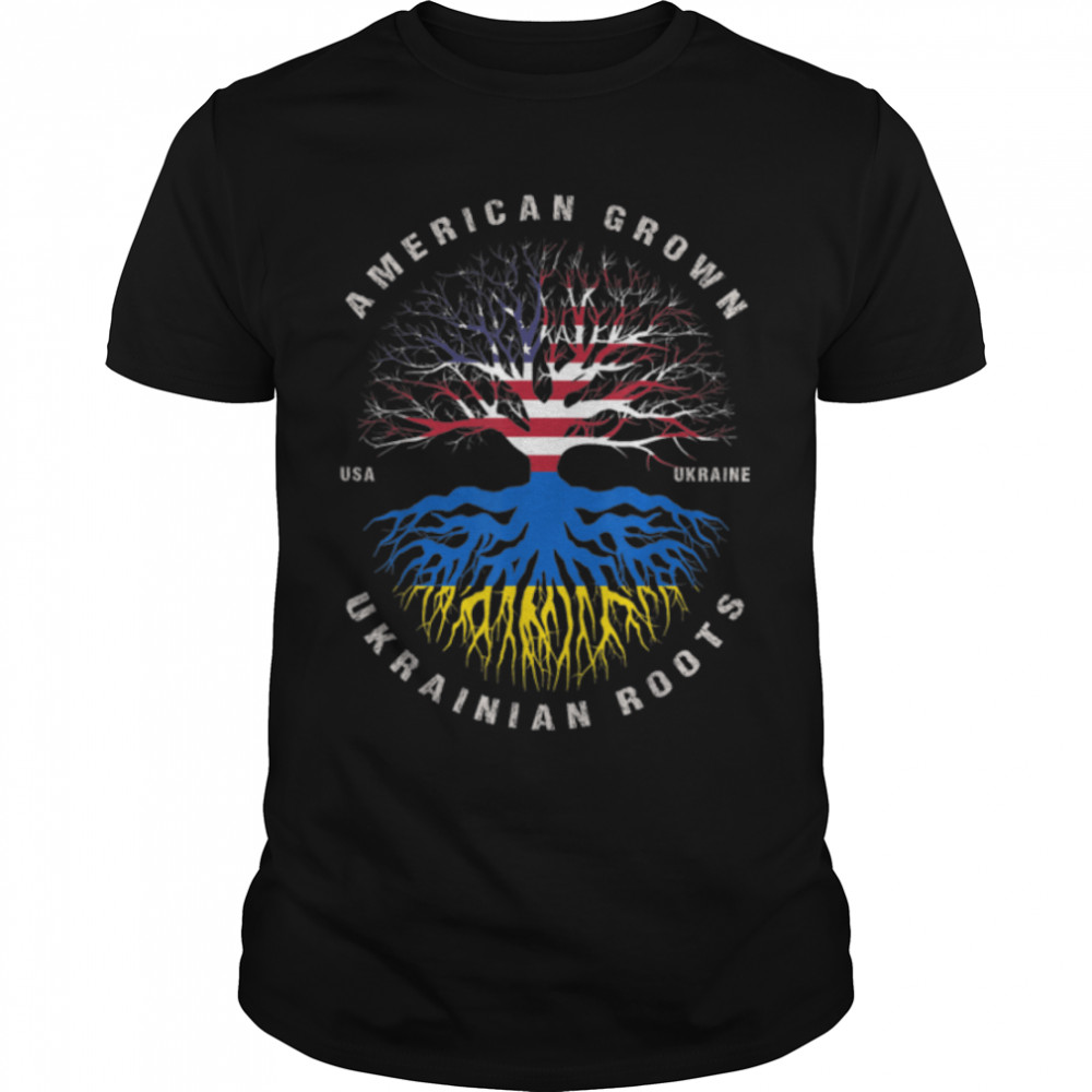American Grown with Ukrainian Roots USA Flag Ukraine T-Shirt B09TFM6H13